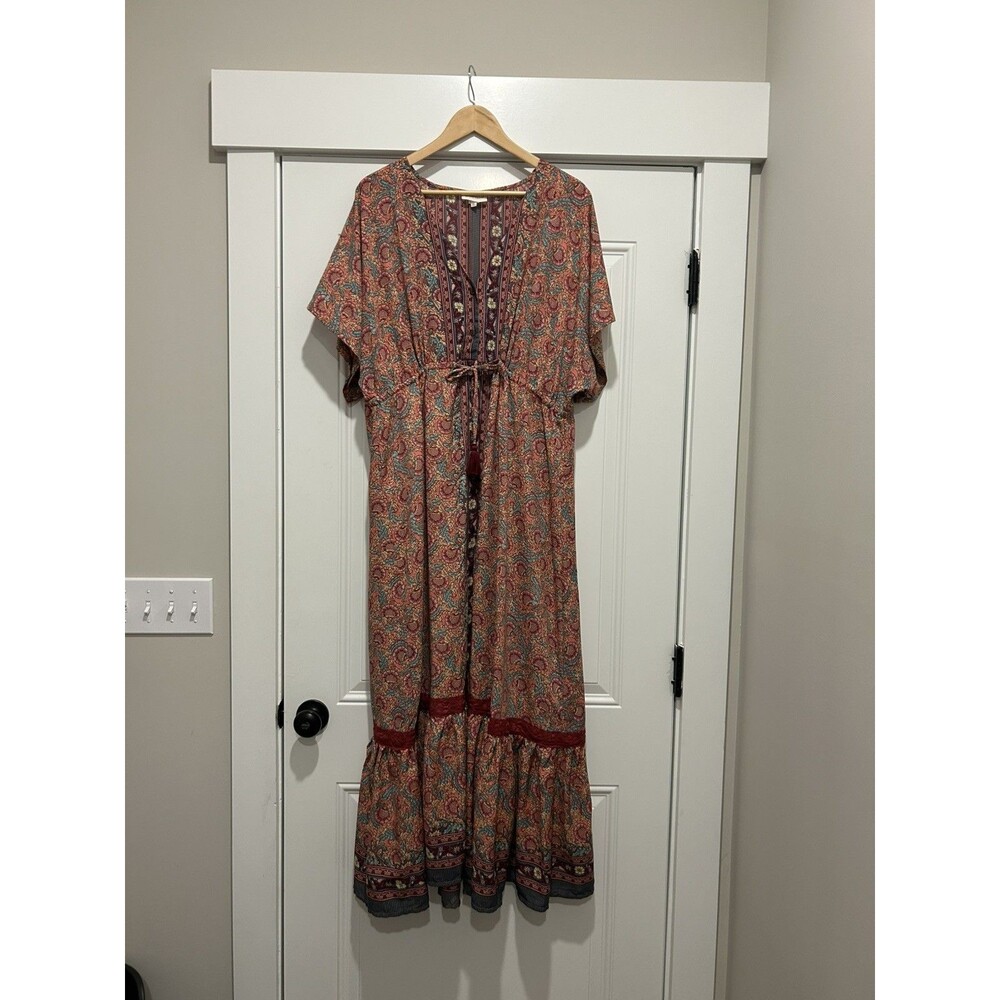 Anthropologie Boemo Womens Paisley Floral Bell Sleeve Maxi Dress Sz XL Bohemian